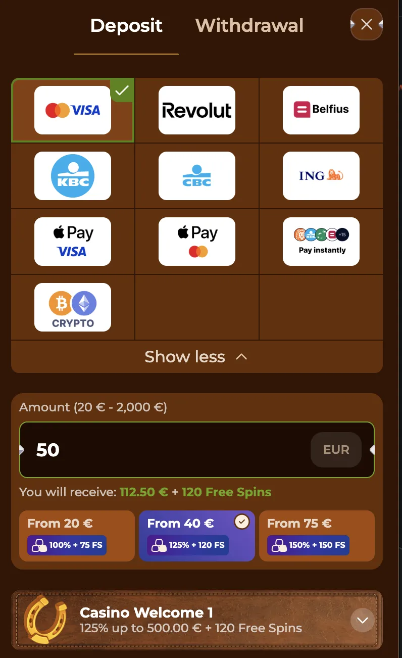 Casino deposit page showing payment methods including Visa, Revolut, Apple Pay and crypto