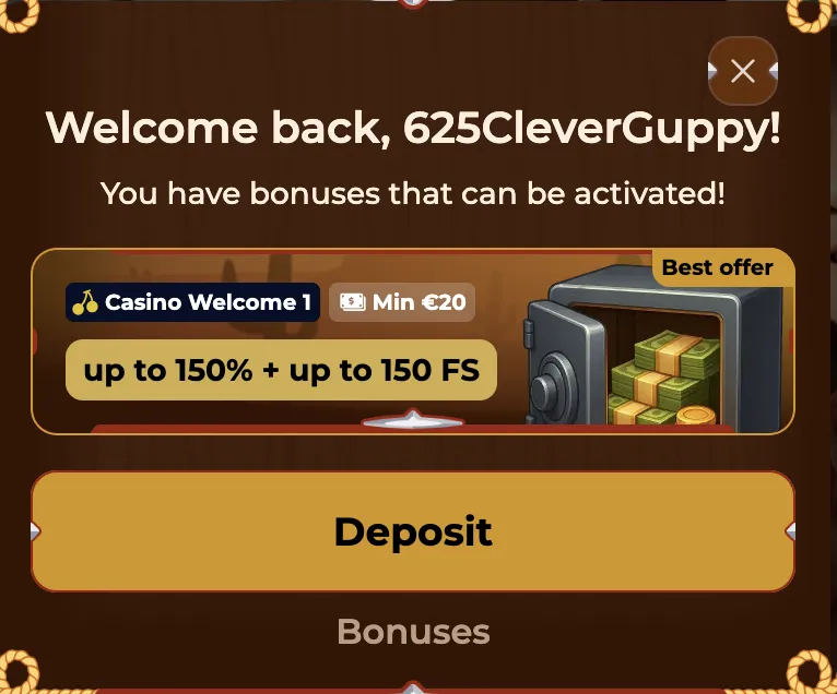 Casino welcome screen showing deposit button and bonus activation